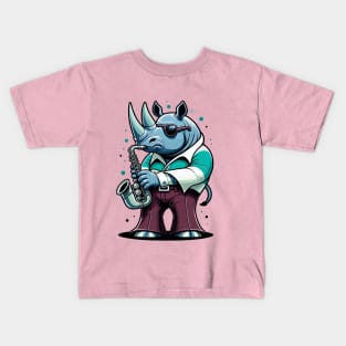 Groovy 70s Saxophone-blowing Rhino - Colorful Cartoon Vector Art Kids T-Shirt